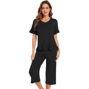 image:imageWiWi Soft Viscose from Bamboo Pajama Set for Women Short Sleeve Top with Capris Pajamas Sets SXXLBlack