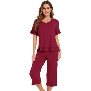image:imageWiWi Soft Viscose from Bamboo Pajama Set for Women Short Sleeve Top with Capris Pajamas Sets SXXLWine