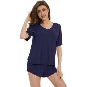 image:imageWiWi Soft Viscose from Bamboo Pajamas for Women Summer Short Sleeve Top with Shorts Pajama Set Pjs SXXLNavy
