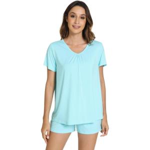 image:imageWiWi Viscose from Bamboo Pajamas for Women Loose Comfy Two Pieces Pj Set Top and Shorts Loungewear SXXLAqua