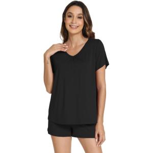 image:imageWiWi Viscose from Bamboo Pajamas for Women Loose Comfy Two Pieces Pj Set Top and Shorts Loungewear SXXLBlack