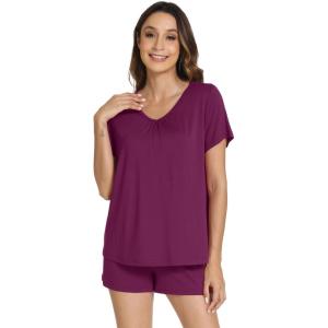 image:imageWiWi Viscose from Bamboo Pajamas for Women Loose Comfy Two Pieces Pj Set Top and Shorts Loungewear SXXLMulberry