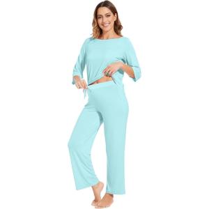 image:imageWiWi Viscose from Bamboo Womens Cute Pajamas Set 34 Sleeve and Crewneck Sets with Drawstring SXXLAqua