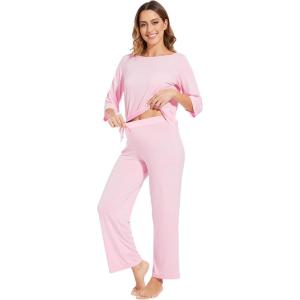 image:imageWiWi Viscose from Bamboo Womens Cute Pajamas Set 34 Sleeve and Crewneck Sets with Drawstring SXXLPink