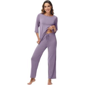 image:imageWiWi Viscose from Bamboo Womens Cute Pajamas Set 34 Sleeve and Crewneck Sets with Drawstring SXXLViolet