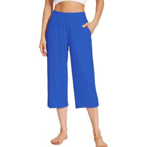 image:imageWiWi Womens Bamboo Viscose Super Soft Capri Wide Leg Yoga Pants Capris Sweatpants Lounge Bottoms with Pockets SXXLBright Blue