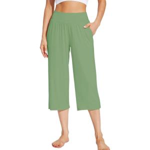 image:imageWiWi Womens Bamboo Viscose Super Soft Capri Wide Leg Yoga Pants Capris Sweatpants Lounge Bottoms with Pockets SXXLPea Green
