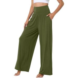 image:imageWiWi Womens Pajama Pants Bamboo Viscose Super Soft Wide Leg Palazzo Lounge Yoga Cooling Sleep Bottoms with Pockets SXXLAdark Army Green