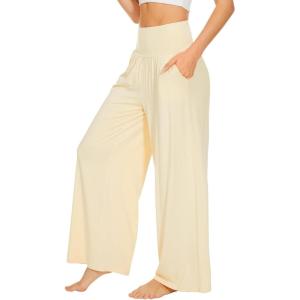image:imageWiWi Womens Pajama Pants Bamboo Viscose Super Soft Wide Leg Palazzo Lounge Yoga Cooling Sleep Bottoms with Pockets SXXLAlight Beige