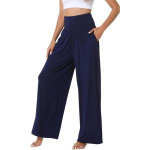 image:imageWiWi Womens Pajama Pants Bamboo Viscose Super Soft Wide Leg Palazzo Lounge Yoga Cooling Sleep Bottoms with Pockets SXXLAnavy