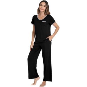 image:imageWiWi Womens Pajama Set Short Sleeve Top and Long Pants with Pockets Rayon Sleepwear Soft V Neck 2 Piece Pajamas SXXLBlack