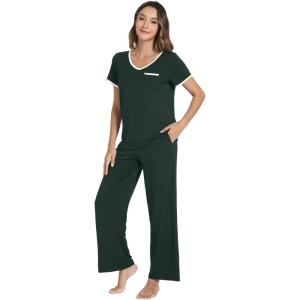 image:imageWiWi Womens Pajama Set Short Sleeve Top and Long Pants with Pockets Rayon Sleepwear Soft V Neck 2 Piece Pajamas SXXLFence Green
