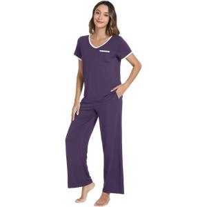 image:imageWiWi Womens Pajama Set Short Sleeve Top and Long Pants with Pockets Rayon Sleepwear Soft V Neck 2 Piece Pajamas SXXLLavender