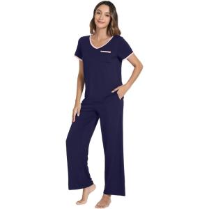 image:imageWiWi Womens Pajama Set Short Sleeve Top and Long Pants with Pockets Rayon Sleepwear Soft V Neck 2 Piece Pajamas SXXLNavy