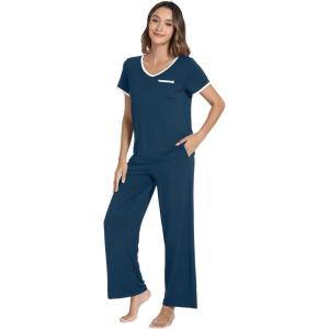 image:imageWiWi Womens Pajama Set Short Sleeve Top and Long Pants with Pockets Rayon Sleepwear Soft V Neck 2 Piece Pajamas SXXLPeacock Blue