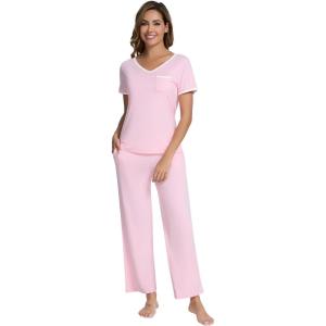 image:imageWiWi Womens Pajama Set Short Sleeve Top and Long Pants with Pockets Rayon Sleepwear Soft V Neck 2 Piece Pajamas SXXLPink