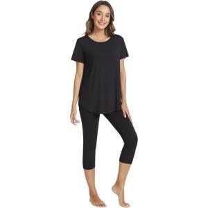 image:imageWiWi Womens Pajama Set Viscose from Bamboo Short Sleeve Tunic Top Capri Leggings Cooling Sleepwear Super Soft Pjs SXXLBlack