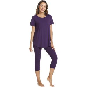 image:imageWiWi Womens Pajama Set Viscose from Bamboo Short Sleeve Tunic Top Capri Leggings Cooling Sleepwear Super Soft Pjs SXXLDark Purple
