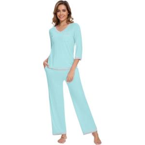 image:imageWiWi Womens Pajamas Set Loungewear Bamboo from Viscose 34 Sleeve Tops and Soft Pants Set with Pocket SXXLAqua