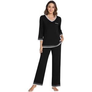 image:imageWiWi Womens Pajamas Set Loungewear Bamboo from Viscose 34 Sleeve Tops and Soft Pants Set with Pocket SXXLBlack