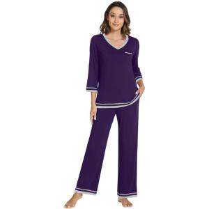 image:imageWiWi Womens Pajamas Set Loungewear Bamboo from Viscose 34 Sleeve Tops and Soft Pants Set with Pocket SXXLDark Purple