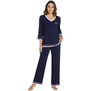 image:imageWiWi Womens Pajamas Set Loungewear Bamboo from Viscose 34 Sleeve Tops and Soft Pants Set with Pocket SXXLNavy