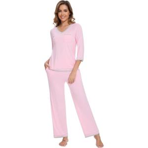 image:imageWiWi Womens Pajamas Set Loungewear Bamboo from Viscose 34 Sleeve Tops and Soft Pants Set with Pocket SXXLPink