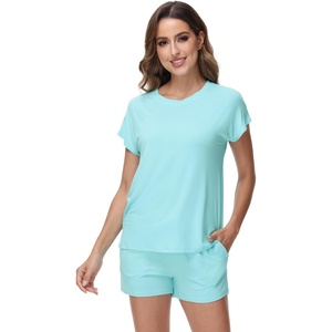 image:imageWiWi Pajamas for Women Short Sleeve Top and Shorts Sets Viscose from Bamboo Pj Sleepwear Pajama Set SXXLAqua